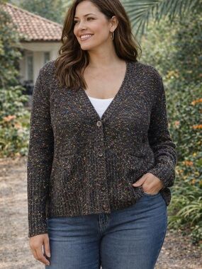 Simon Chang Speckled Knit Cardigan Womens M Colorful Fleck Button Front